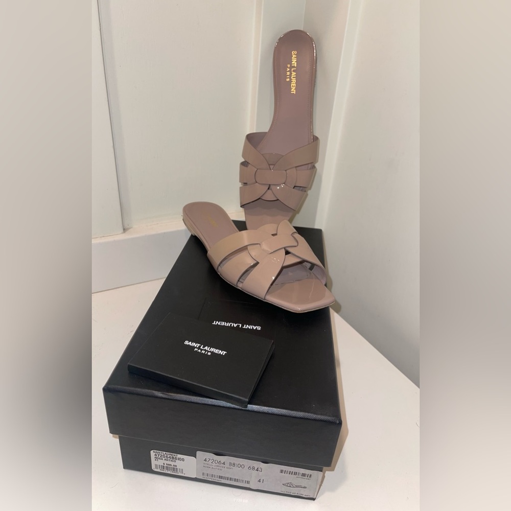 Saint Laurent YSL Tribute patent Rosa Antico Sandal Flats Nude 41 US 11